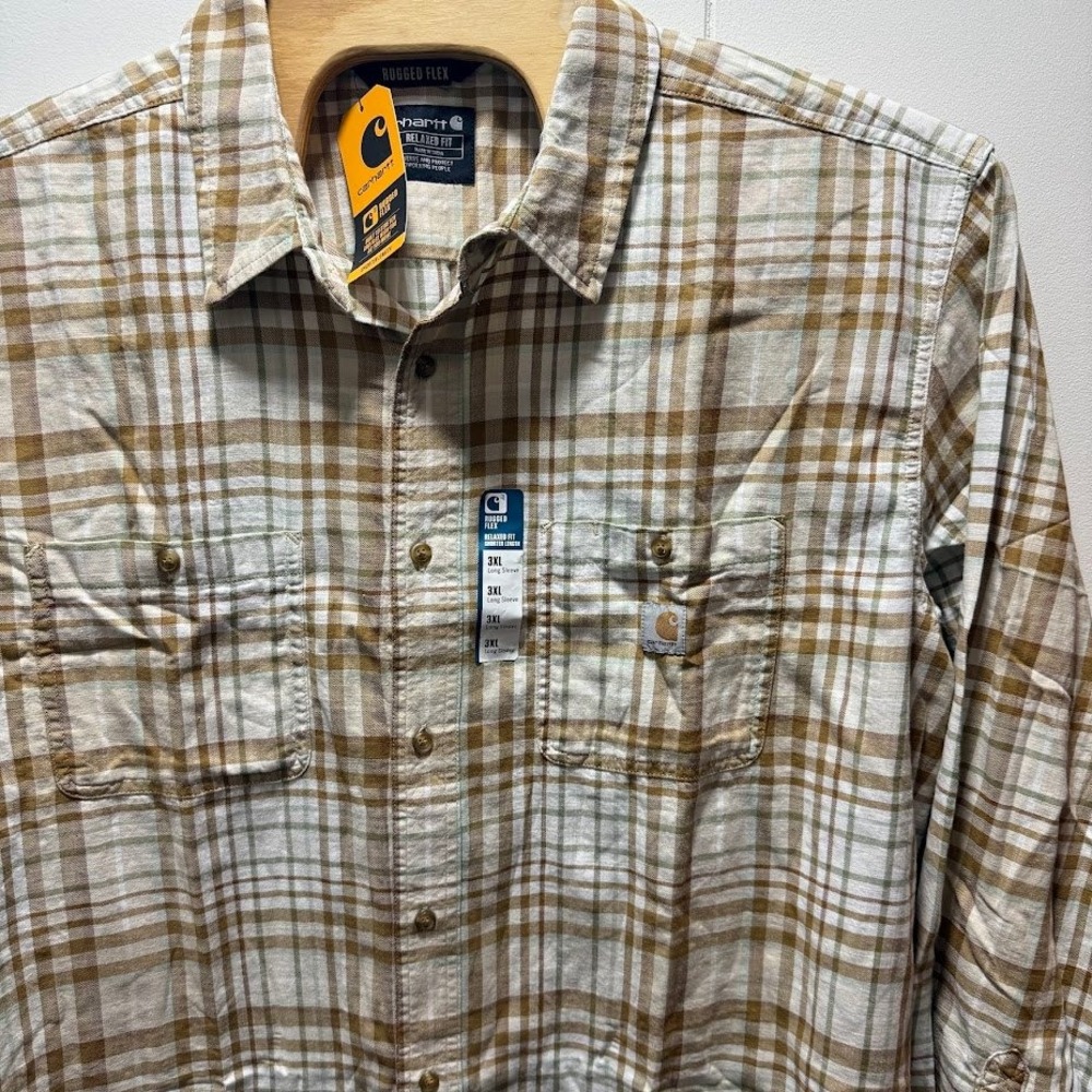 Carhartt Rugged Flex Relaxed Fit Plaid Shirt Men Size 3XL Tan Shorter Length NEW